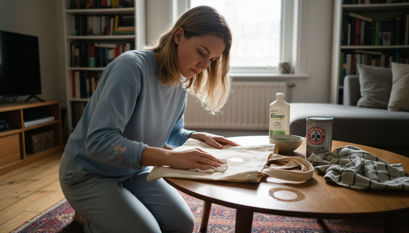 Woman cleaning a canvas bag at home