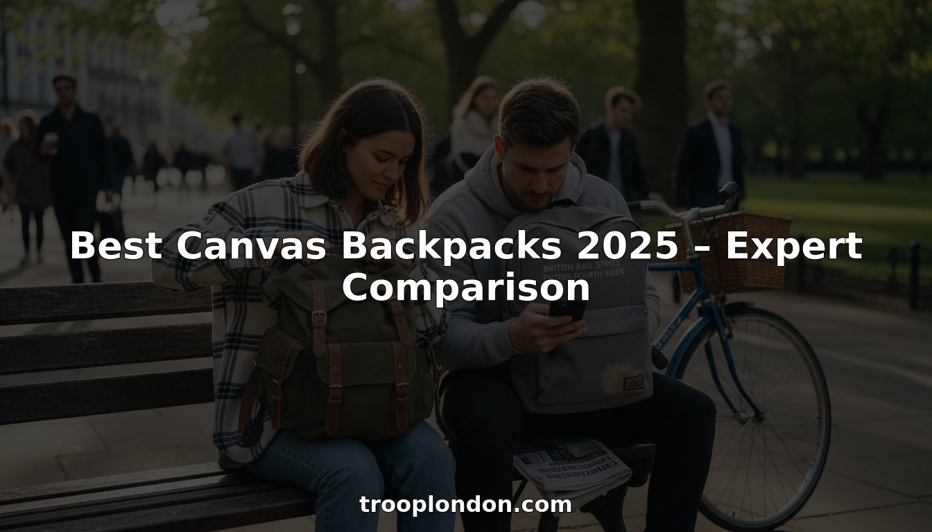 Two people comparing canvas backpacks in city park