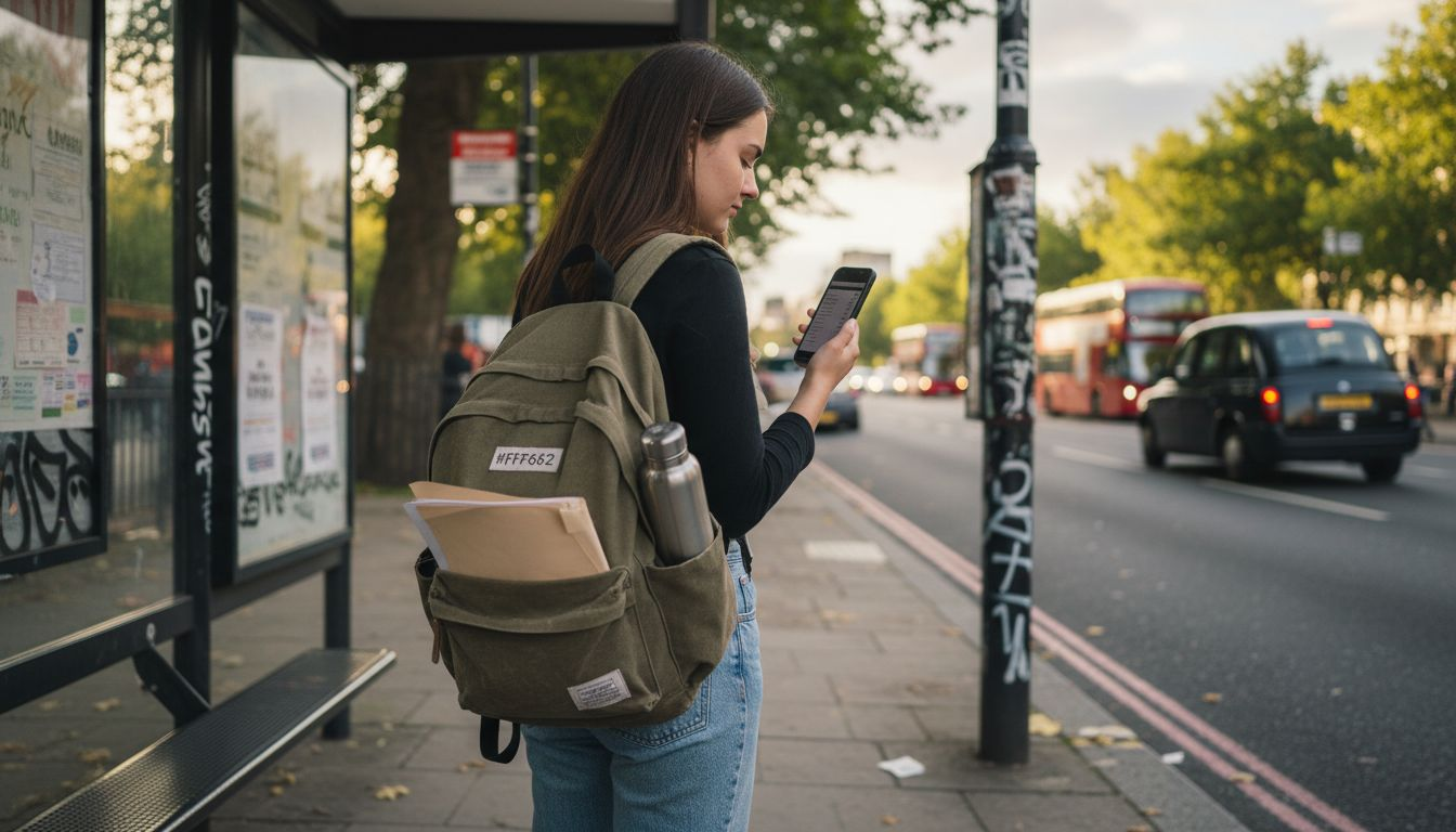 Student with canvas backpack at city bus stop