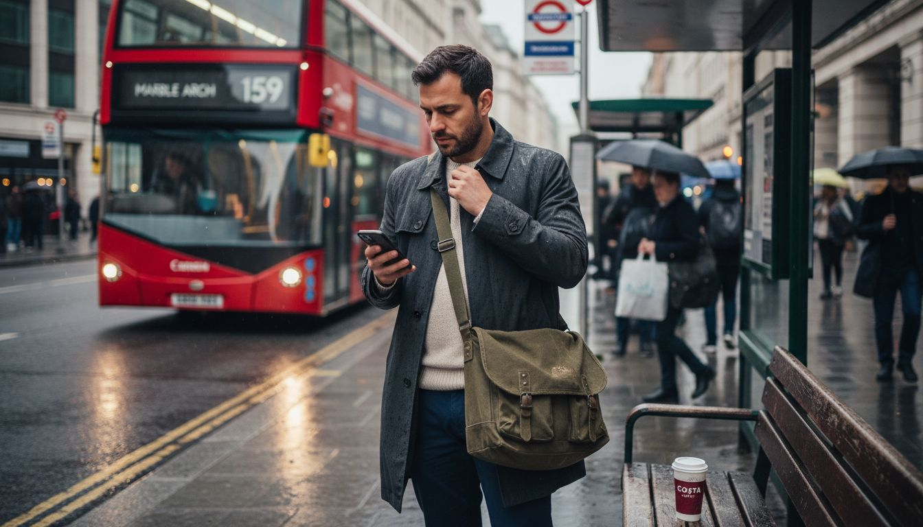 UK commuter with messenger bag at bus stop