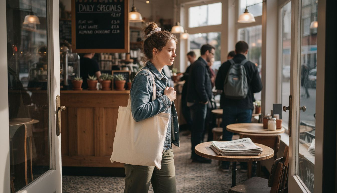 Woman with canvas bag entering city café