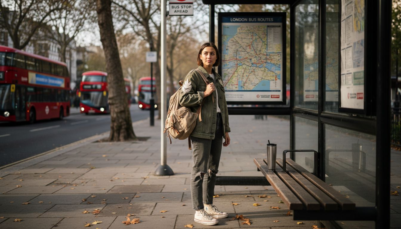 Student with canvas backpack waiting on city sidewalk