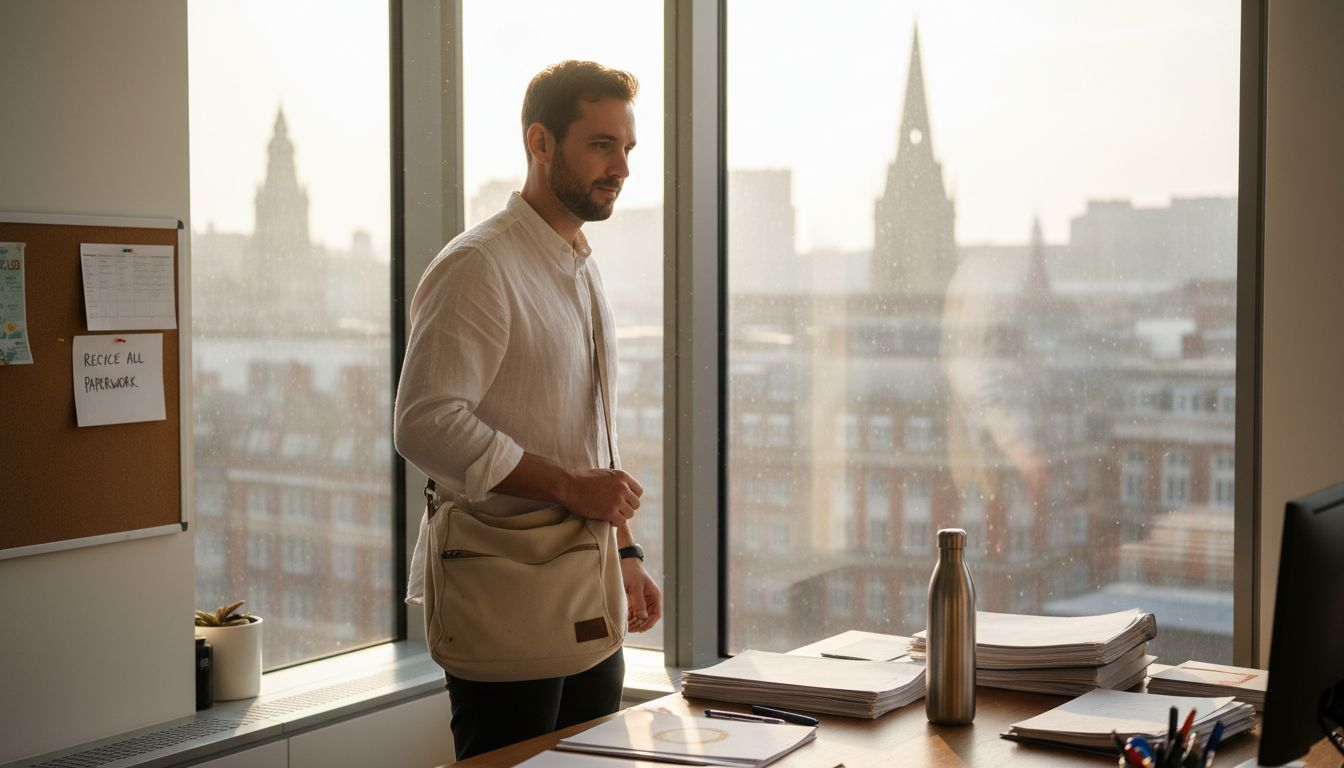 Professional arrives with eco-friendly messenger bag