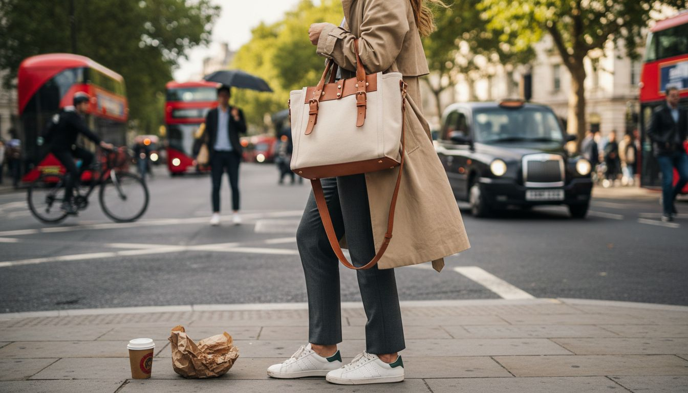 Woman styling canvas bag in London street