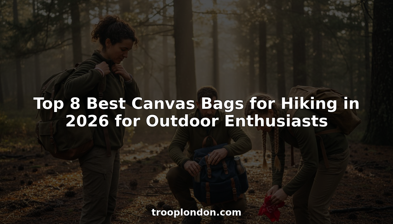 Group of hikers adjusting canvas backpacks in forest
