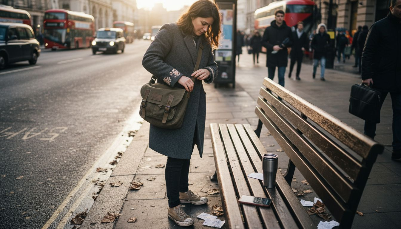 Woman with canvas bag by city bench