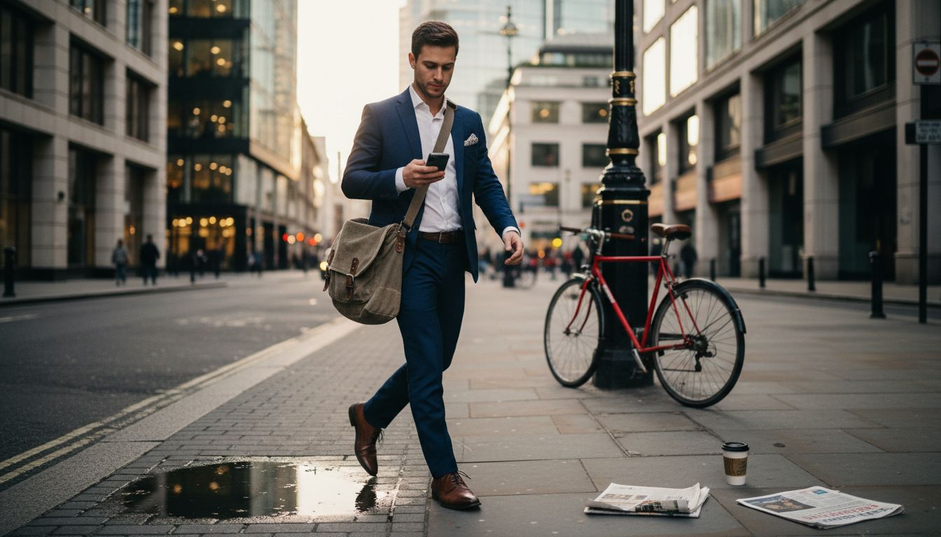 Man with messenger bag walking city street