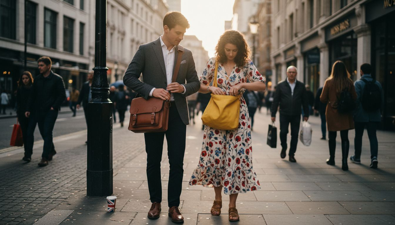 Man and woman with different bags on city street