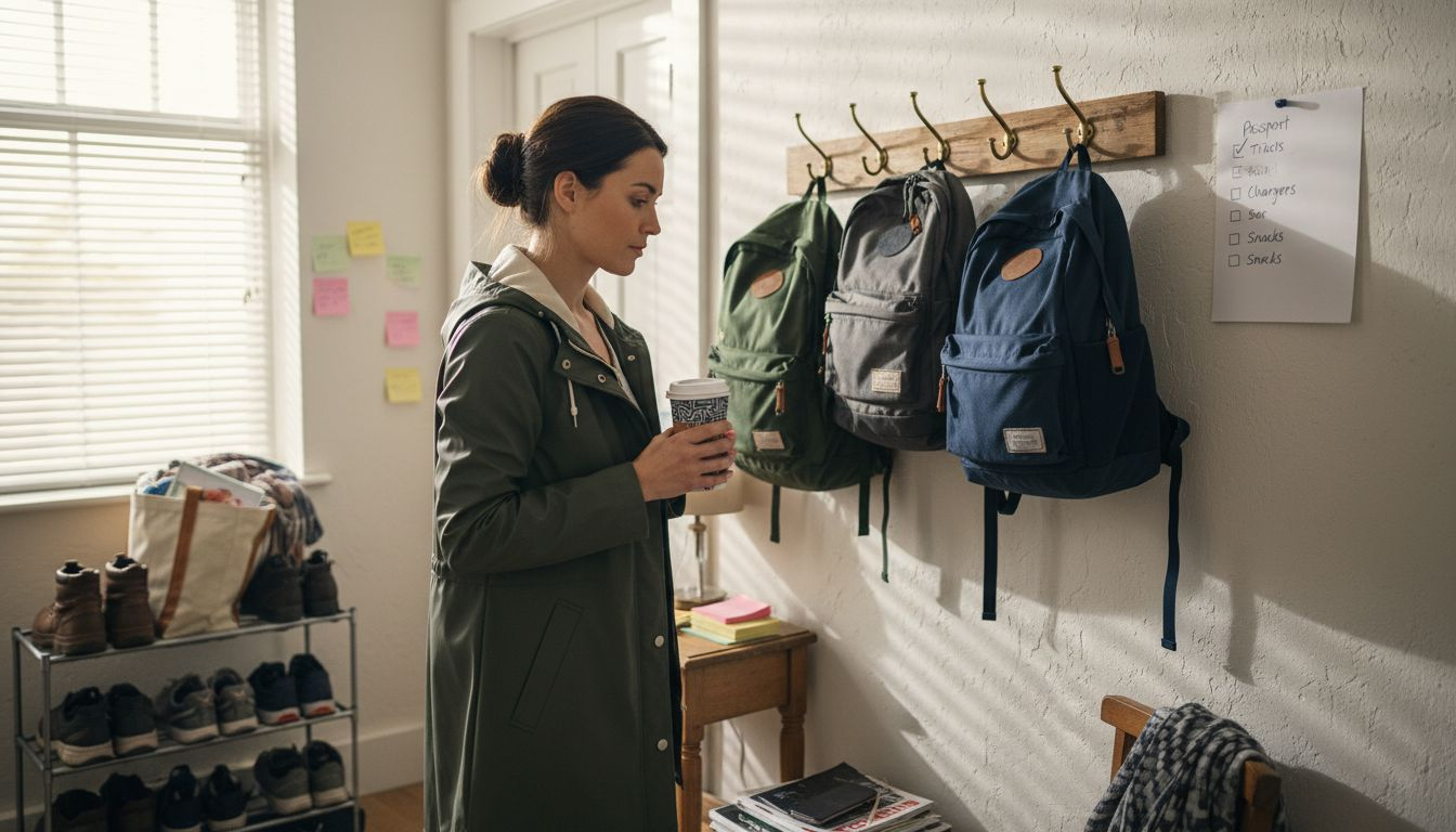 Person compares backpacks in entryway