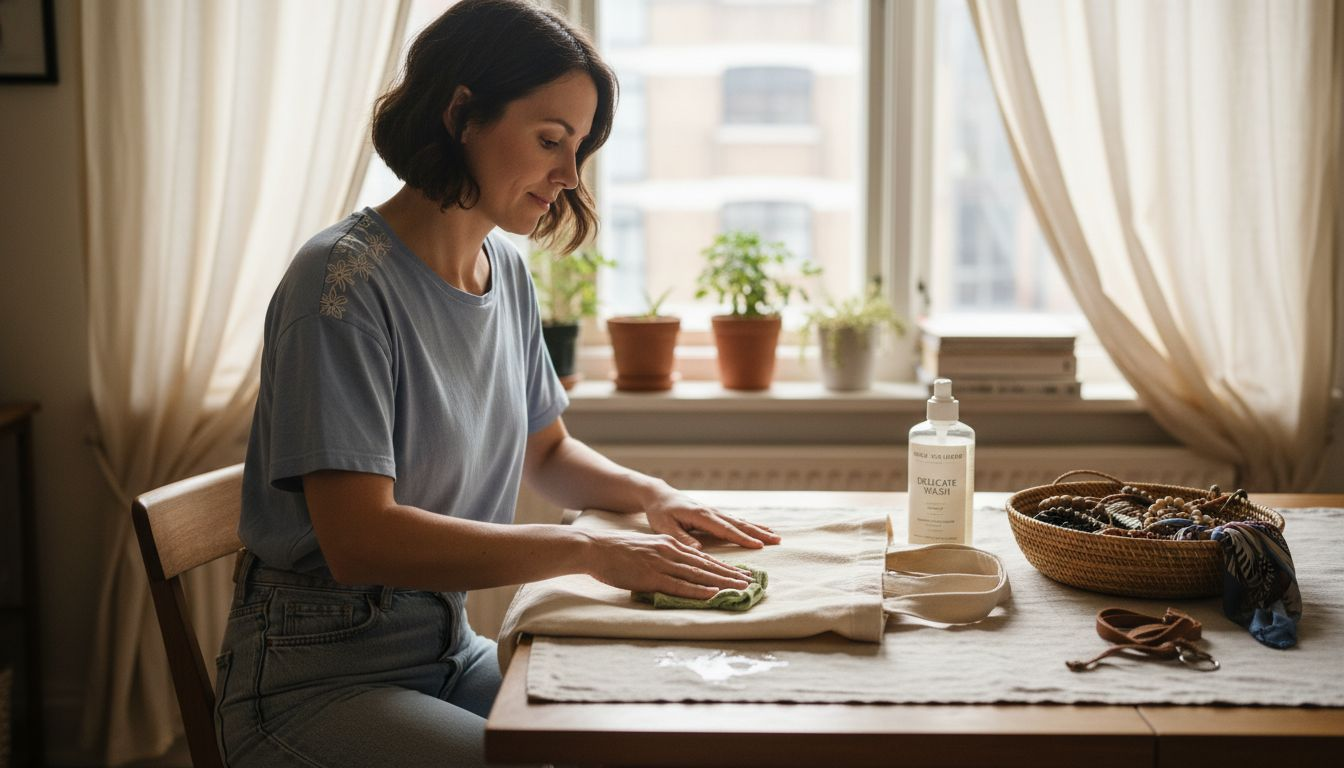 Woman cleaning canvas tote at kitchen table
