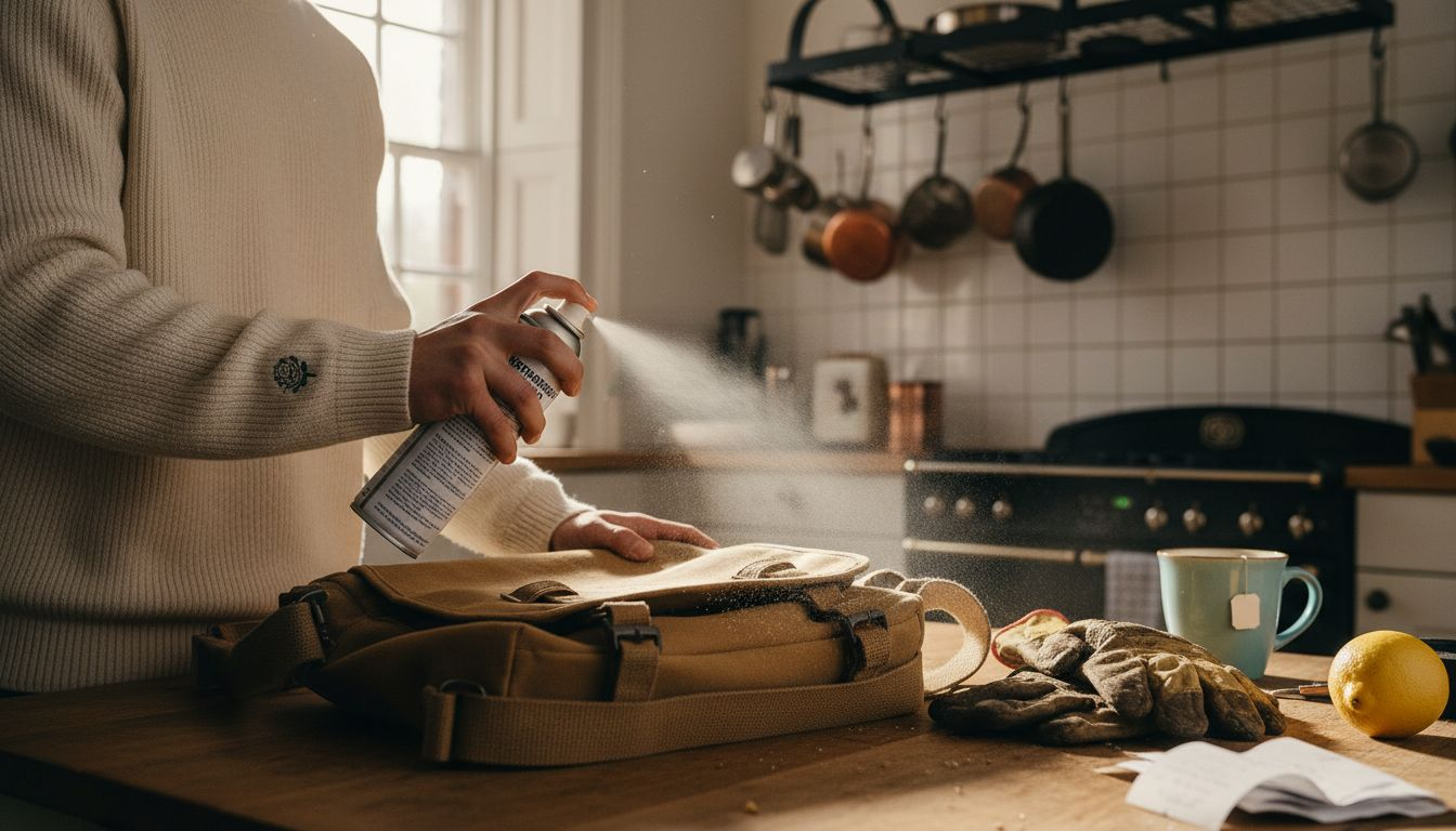 Applying waterproofing spray to canvas bag