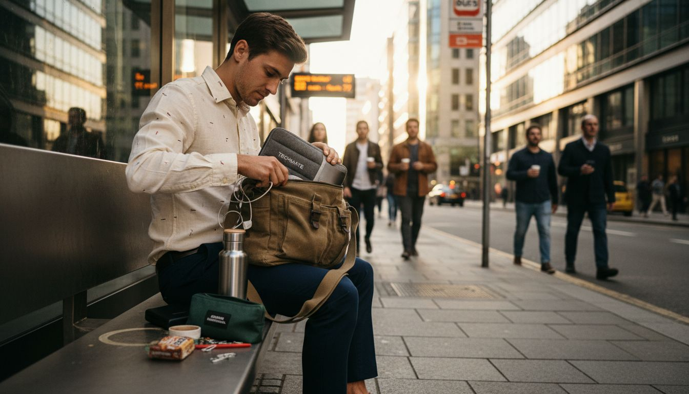 Commuter arranging messenger bag essentials at city bus stop