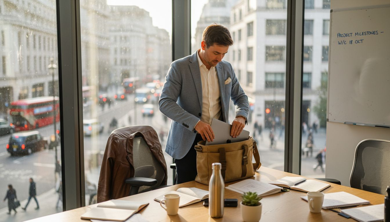 Professional packing laptop in canvas bag office