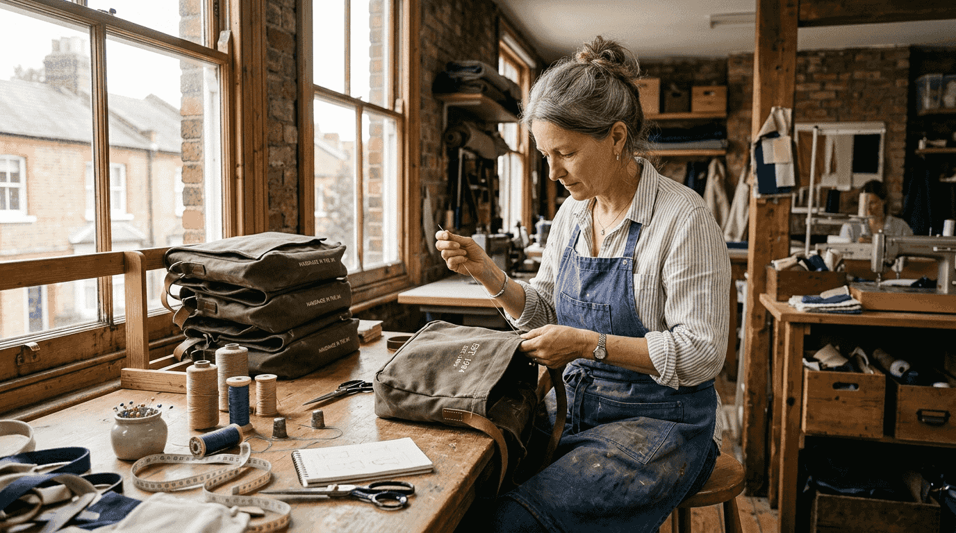Artisan hand-stitching canvas bag in workshop
