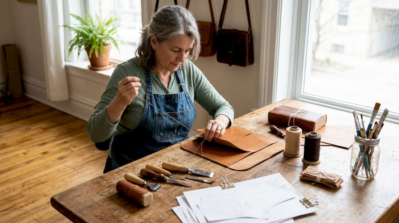 Artisan hand-stitching leather bag at workbench
