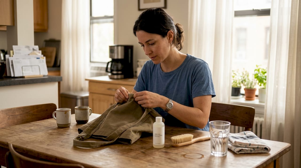 Woman checks canvas bag care supplies