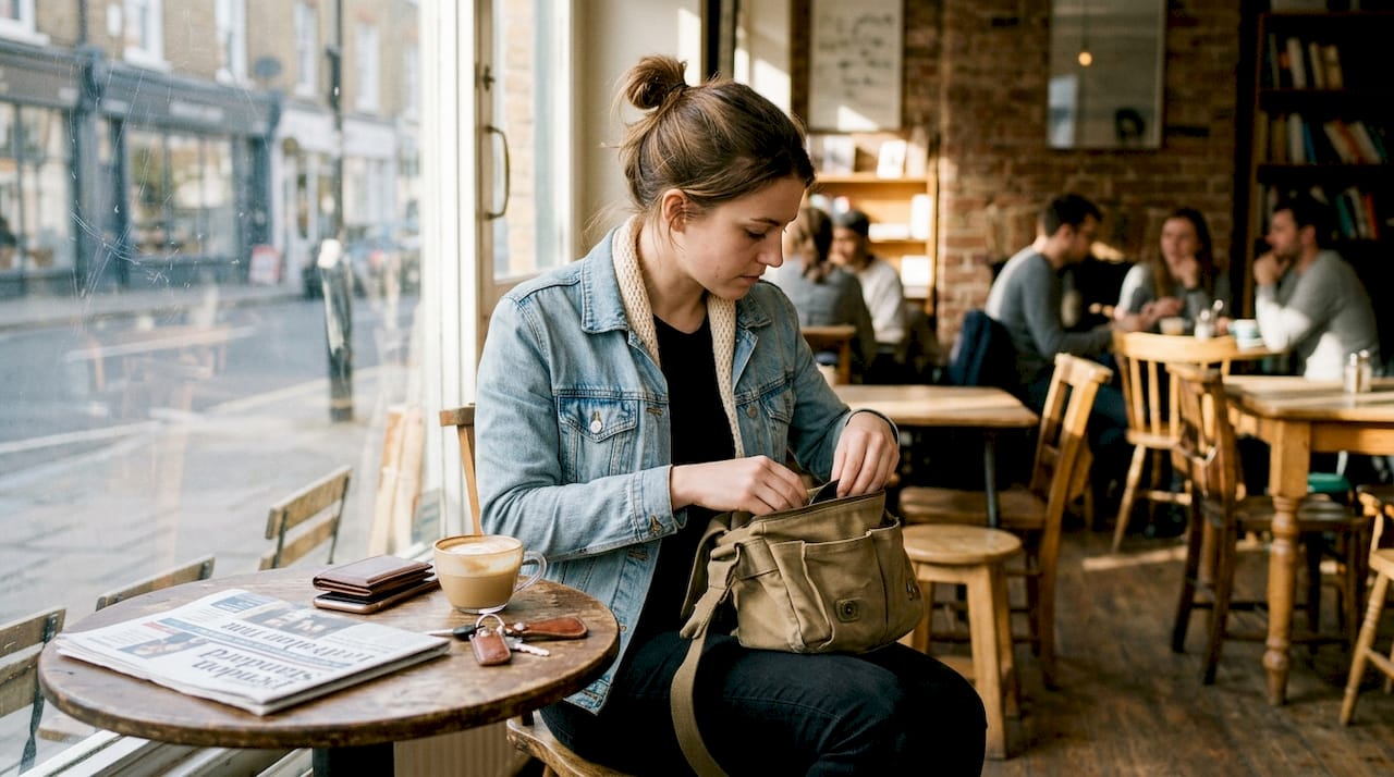 Woman sorting canvas bag in café