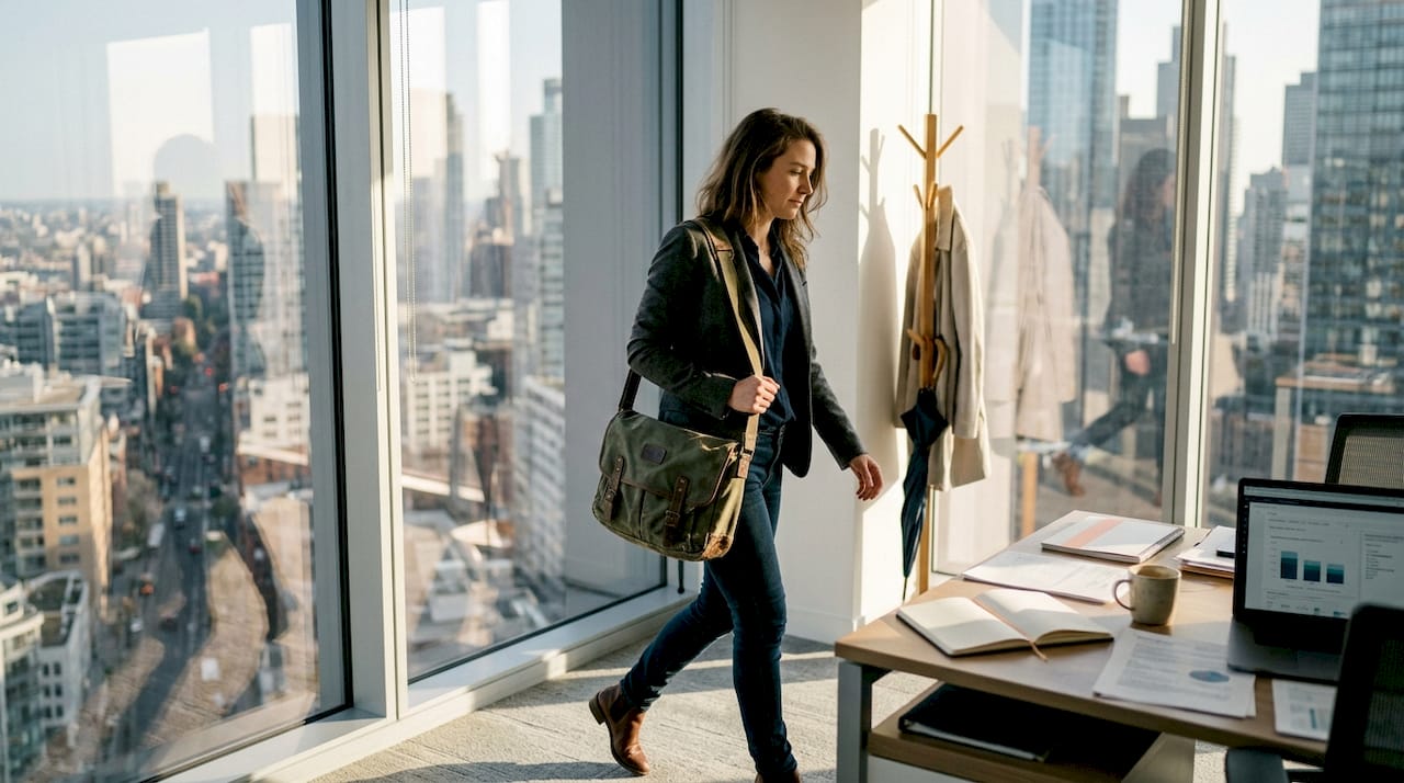 Urban commuter entering office with messenger bag