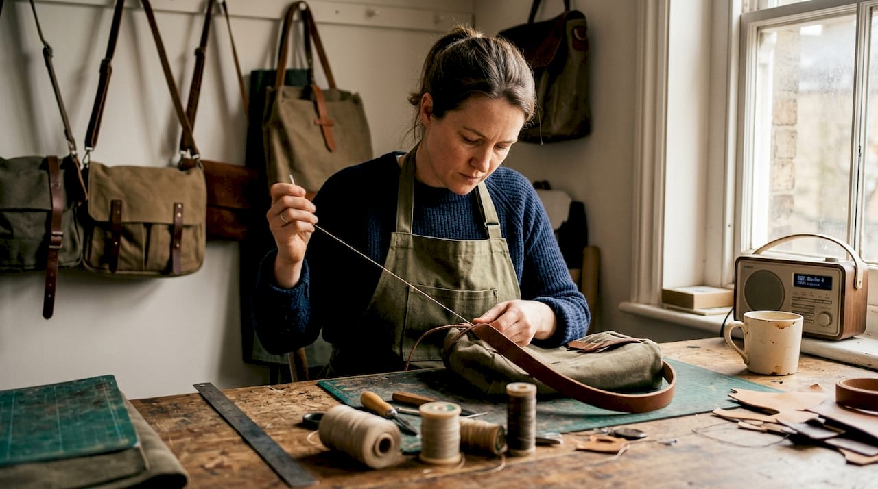Artisan hand-stitching bag in small studio