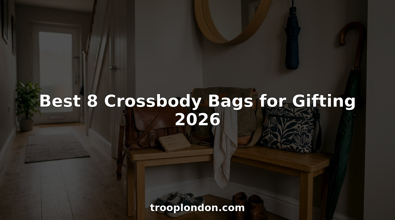 Gift crossbody bags arranged on home entryway bench