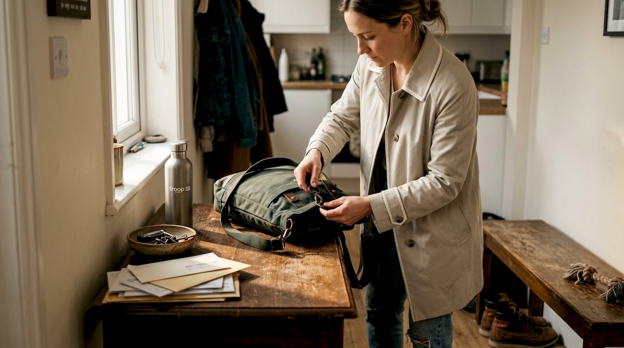 Woman adjusting multiway bag at home entryway