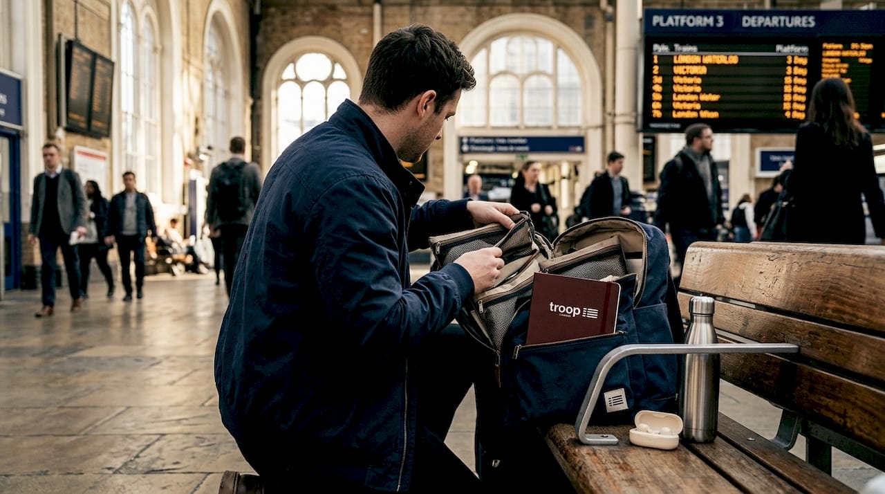 Commuter organizes backpack at train station