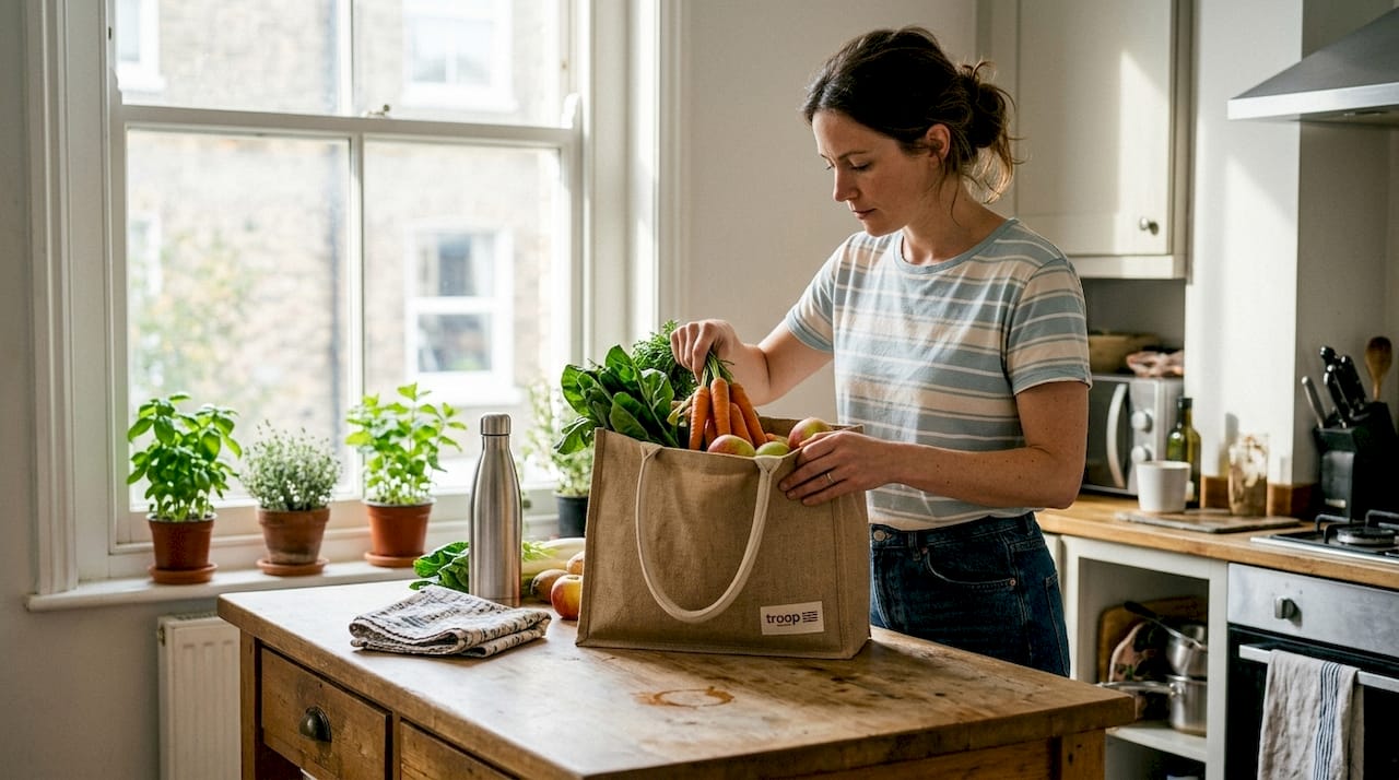 Woman placing groceries in durable hemp bag