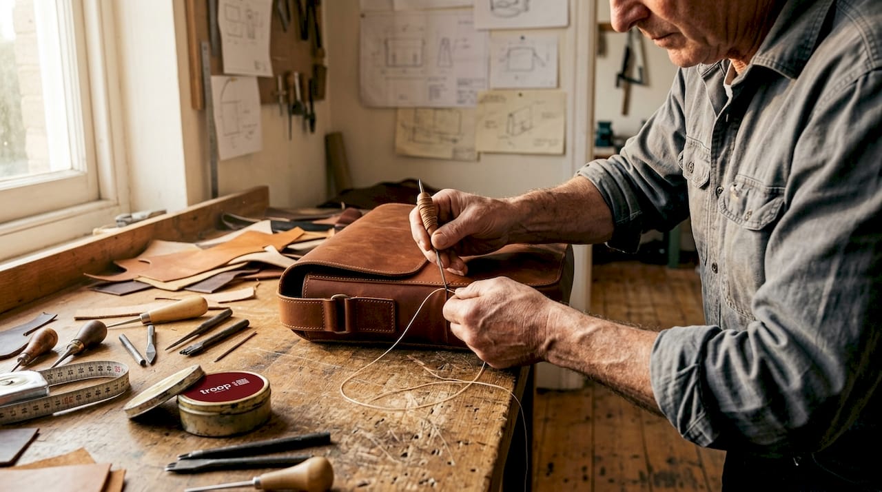 Artisan hand-stitching leather bag in workshop
