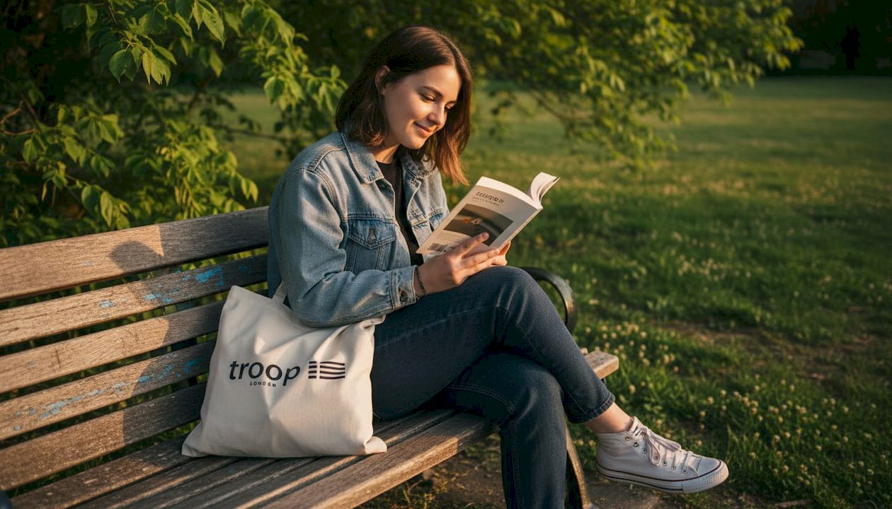 Woman with cotton tote bag in park