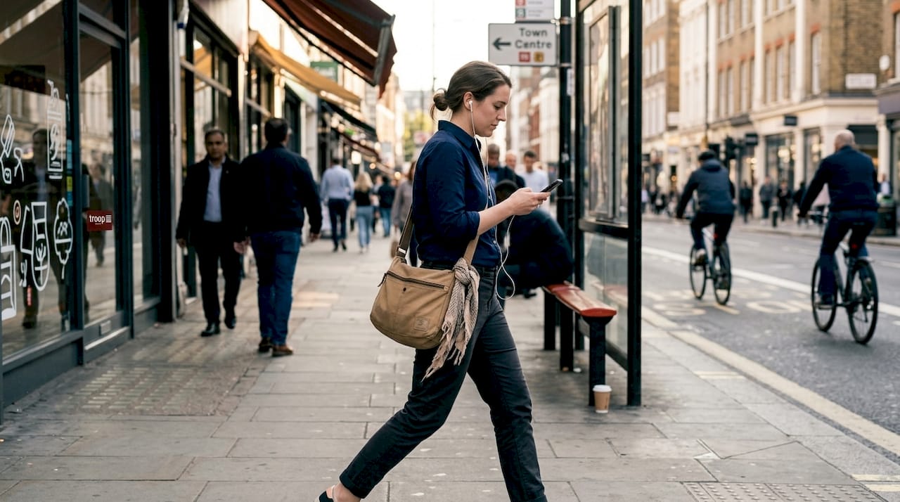Woman with canvas bag among city commuters