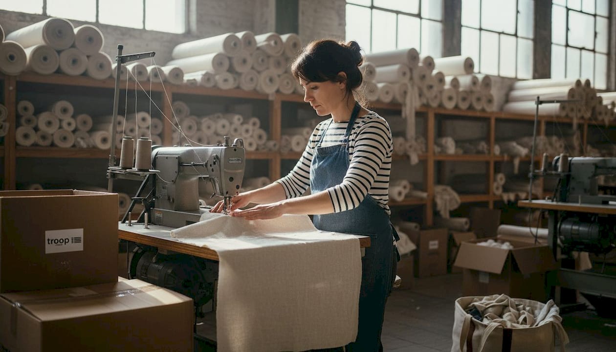 Worker handles organic cotton canvas in factory setting