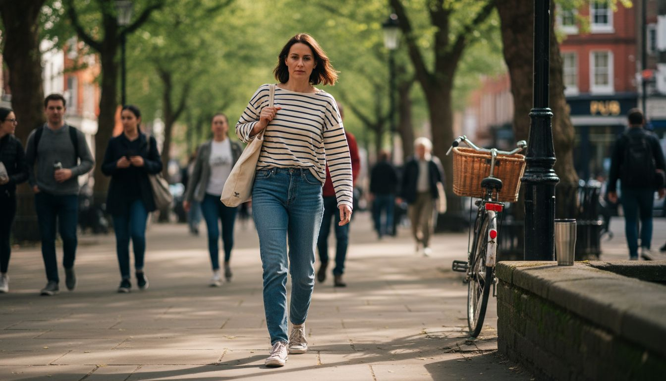 Woman carrying canvas tote bag on sidewalk