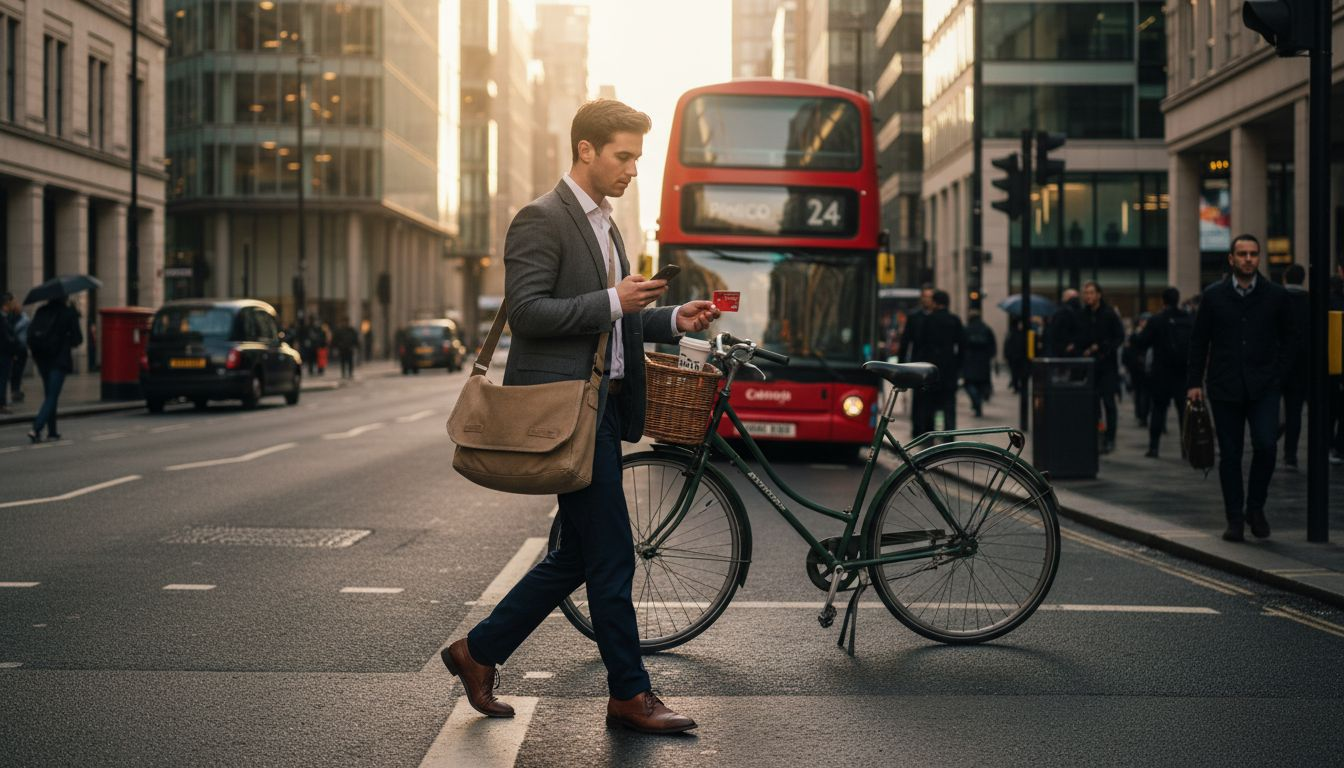 Commuter with messenger bag crossing busy city street