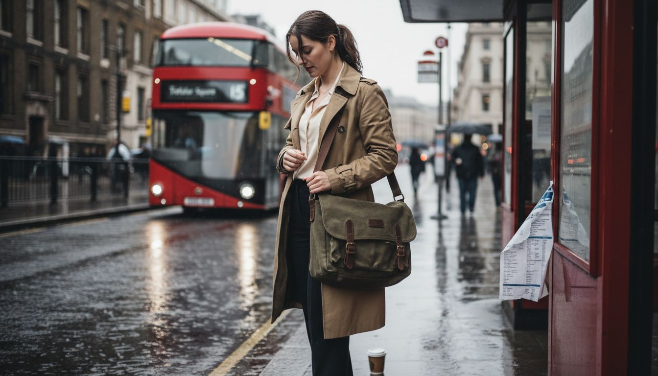Professional adjusting canvas bag by London bus stop