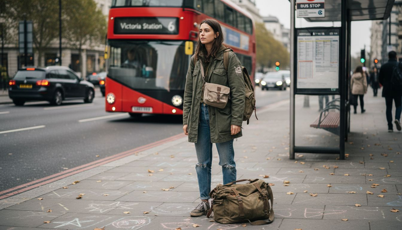 Woman with three canvas bags at city bus stop