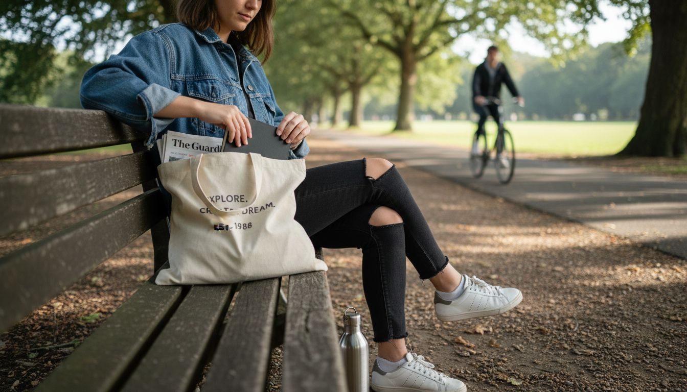 Woman retrieving notebook from canvas bag in park