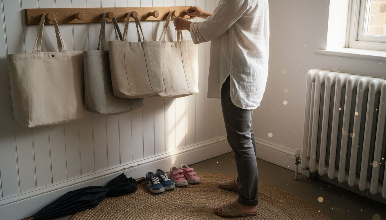 Canvas bags stored neatly by a hallway entrance
