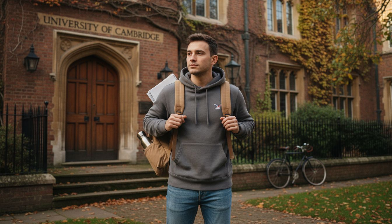 College student adjusting backpack on university steps