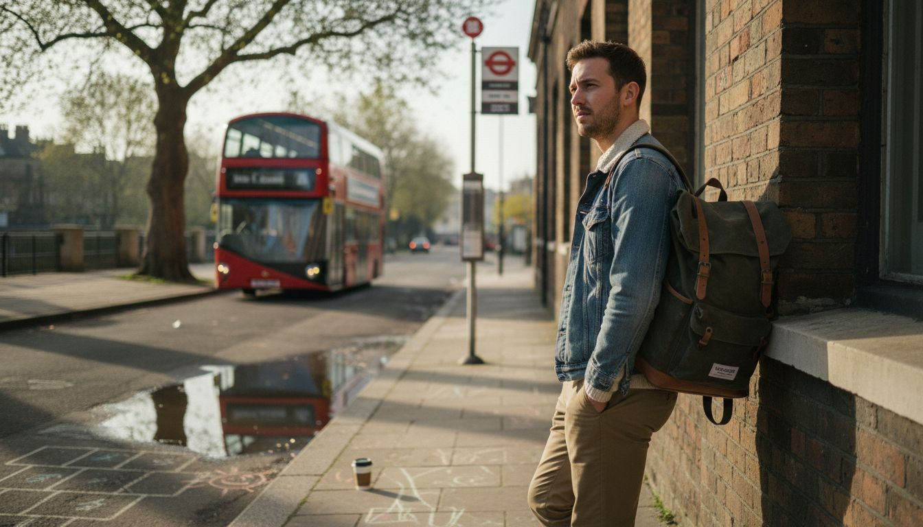 Man with classic backpack waiting in city