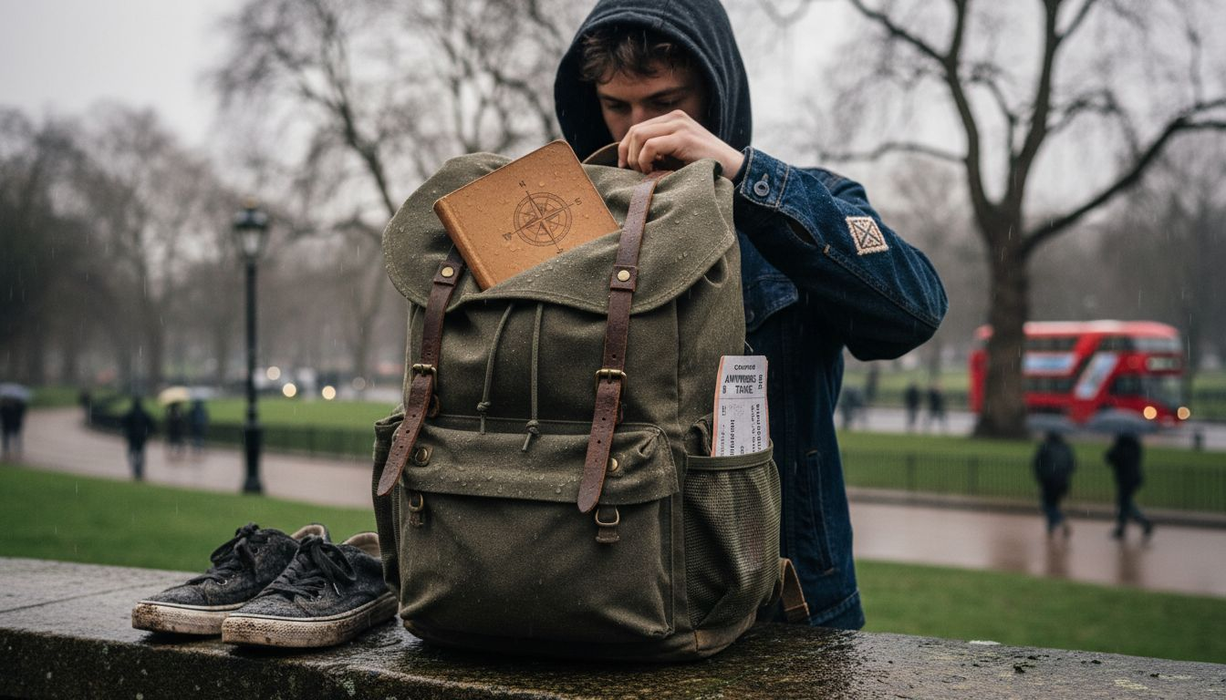 Waxed canvas bag in rainy London park