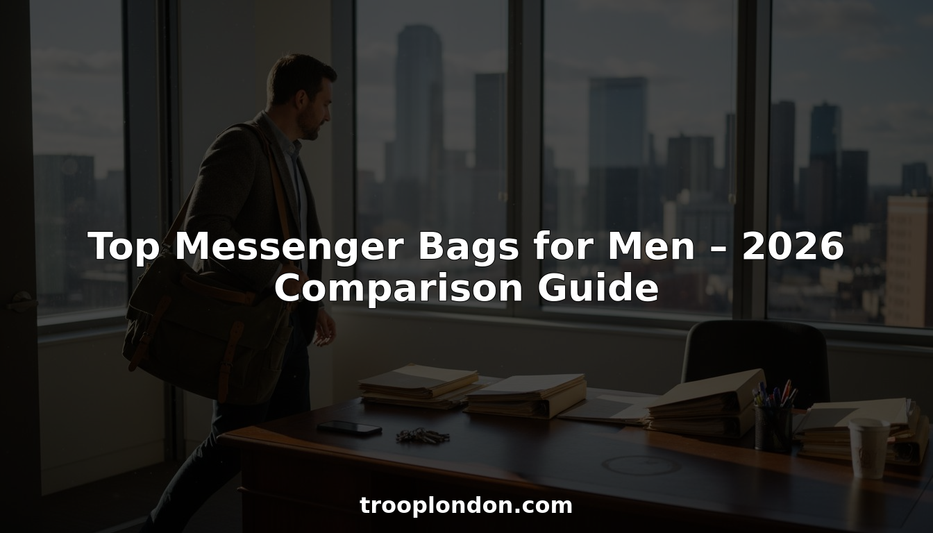 Businessman arrives with messenger bag in busy office