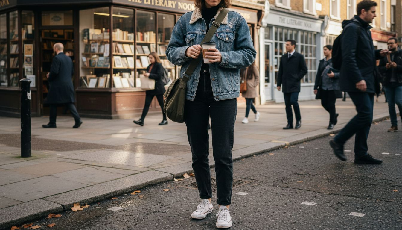 Woman adjusting canvas messenger bag on city street