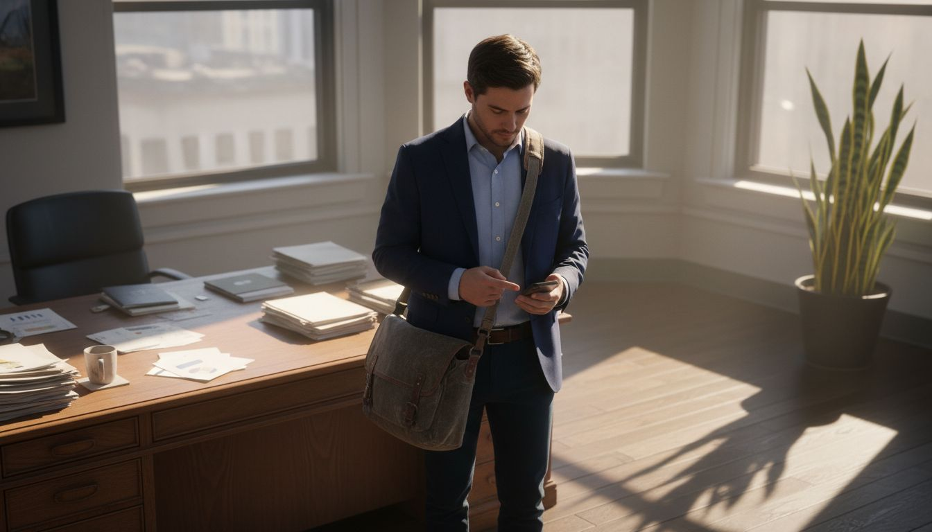 Professional preparing with messenger bag in office