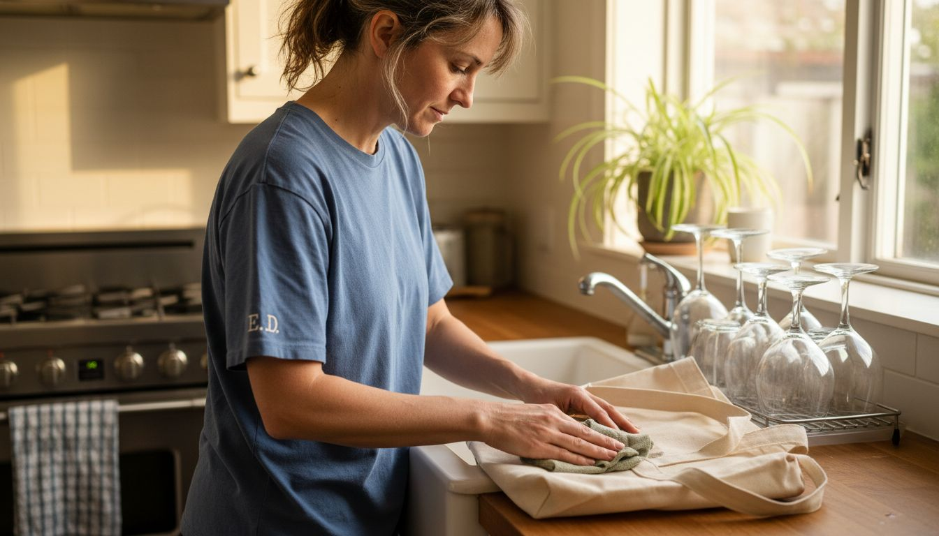 Woman gently cleans canvas bag in kitchen