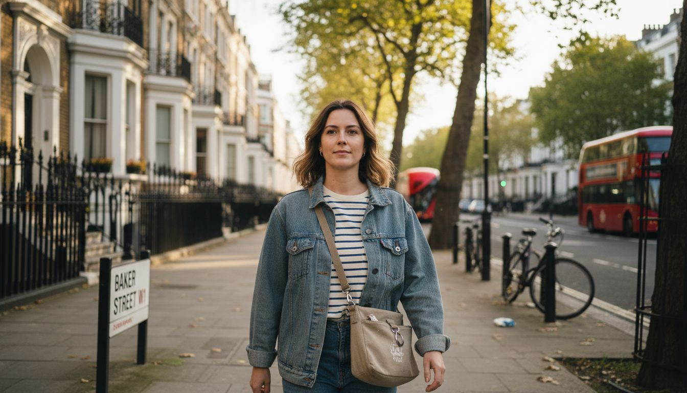 Woman styling crossbody bag in city