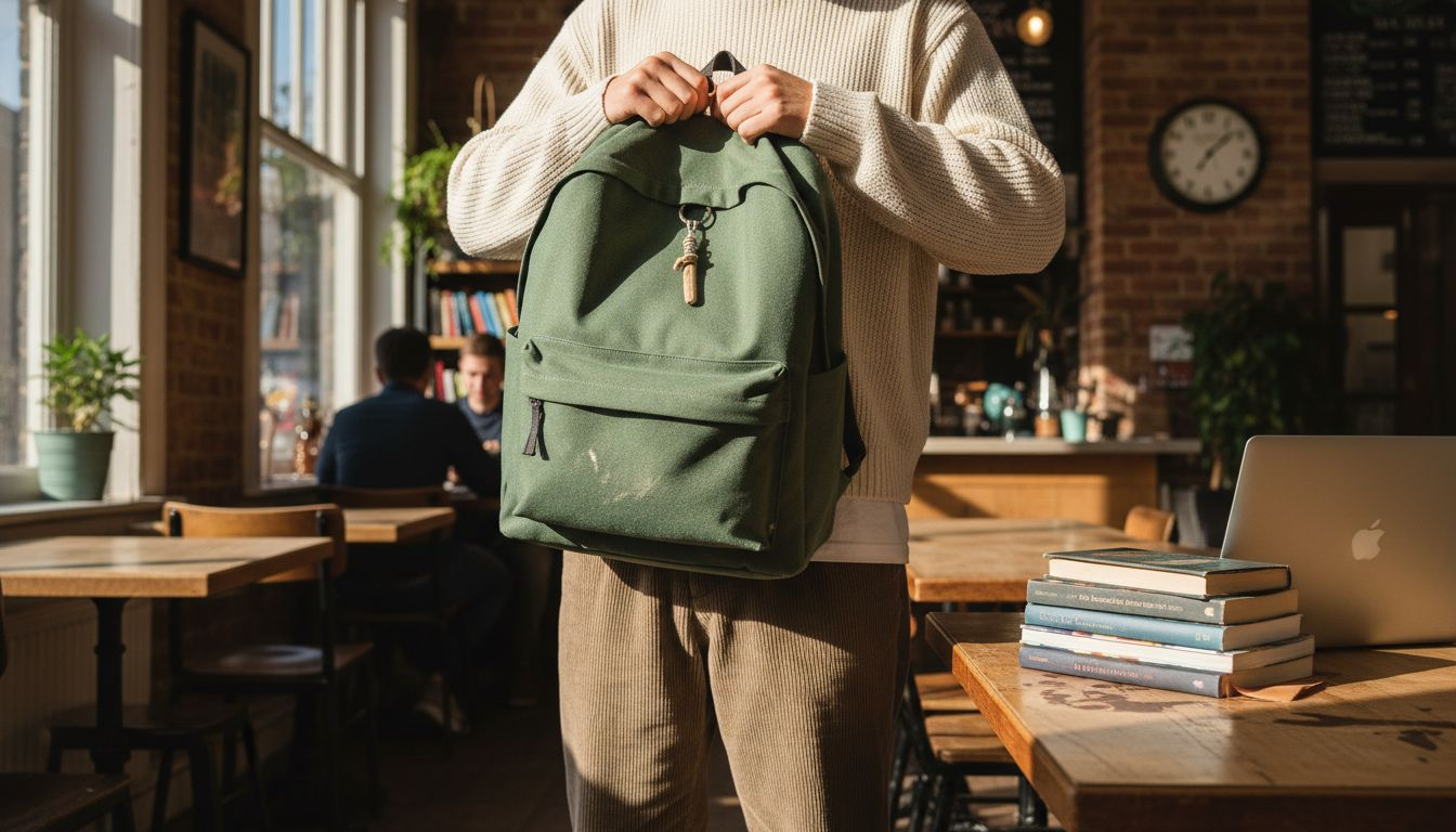 Person with stylish backpack in urban café