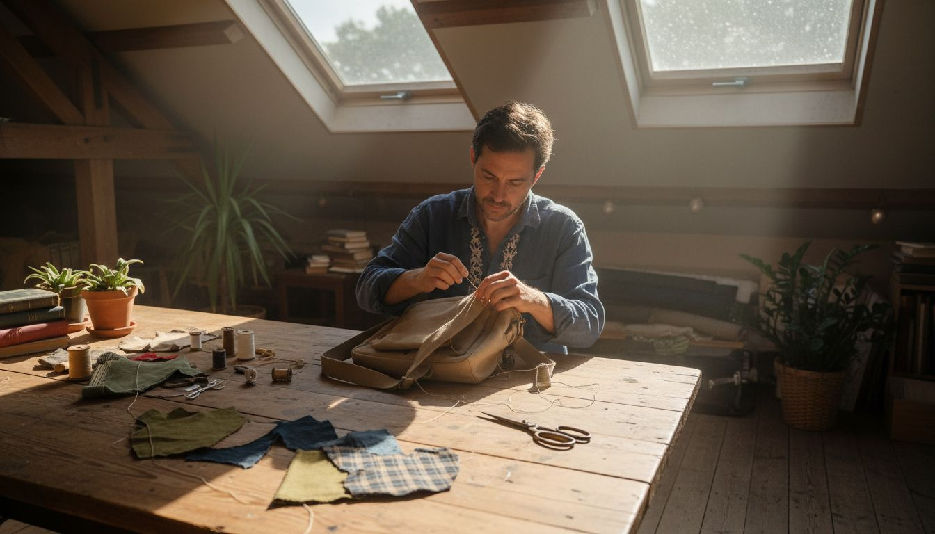 Repairing canvas bag on attic worktable