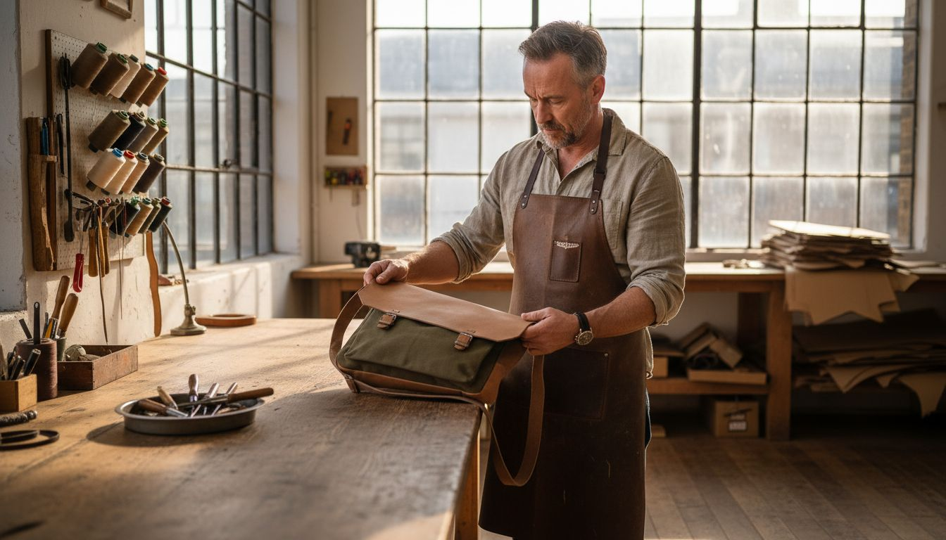 Artisan inspecting a crafted bag in studio