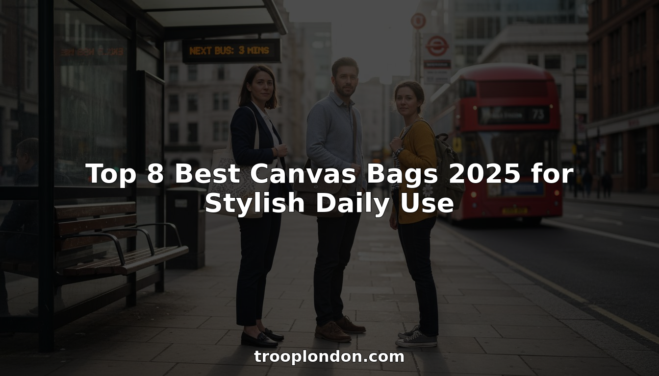 Commuters with canvas bags at city bus stop