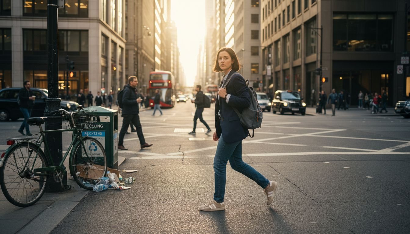 Young woman with urban backpack crossing city street